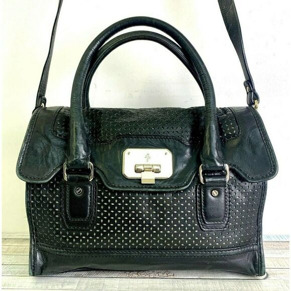 COLE HAAN BLACK PERFORATED GENUINE LEATHER MEDIUM SATCHEL SHOULDER BAG HANDBAG - Picture 1 of 9